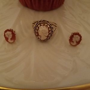 Vintage 14K gold cameo ring and earrings.